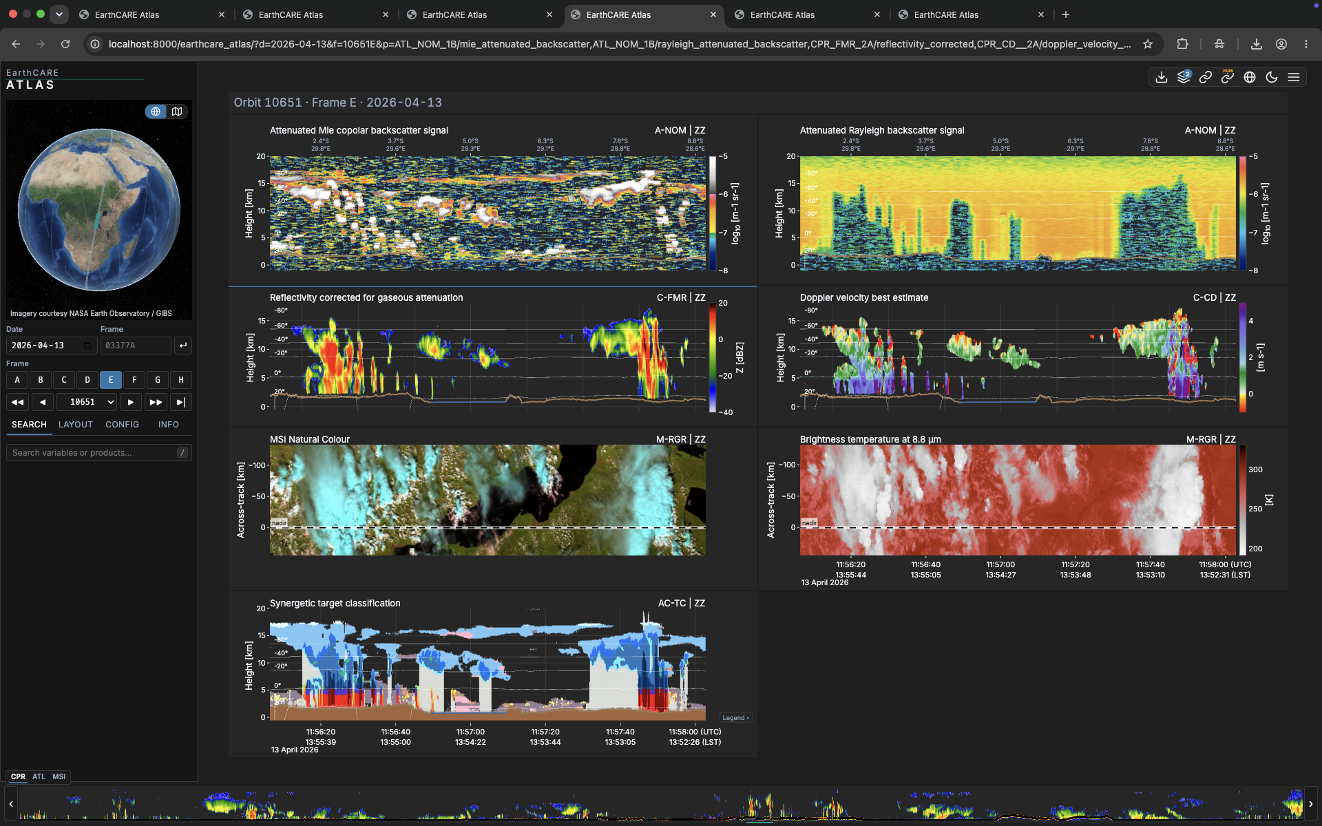EarthCARE ATLAS 2D mode: stacked curtain plots of radar and lidar variables along an orbit frame