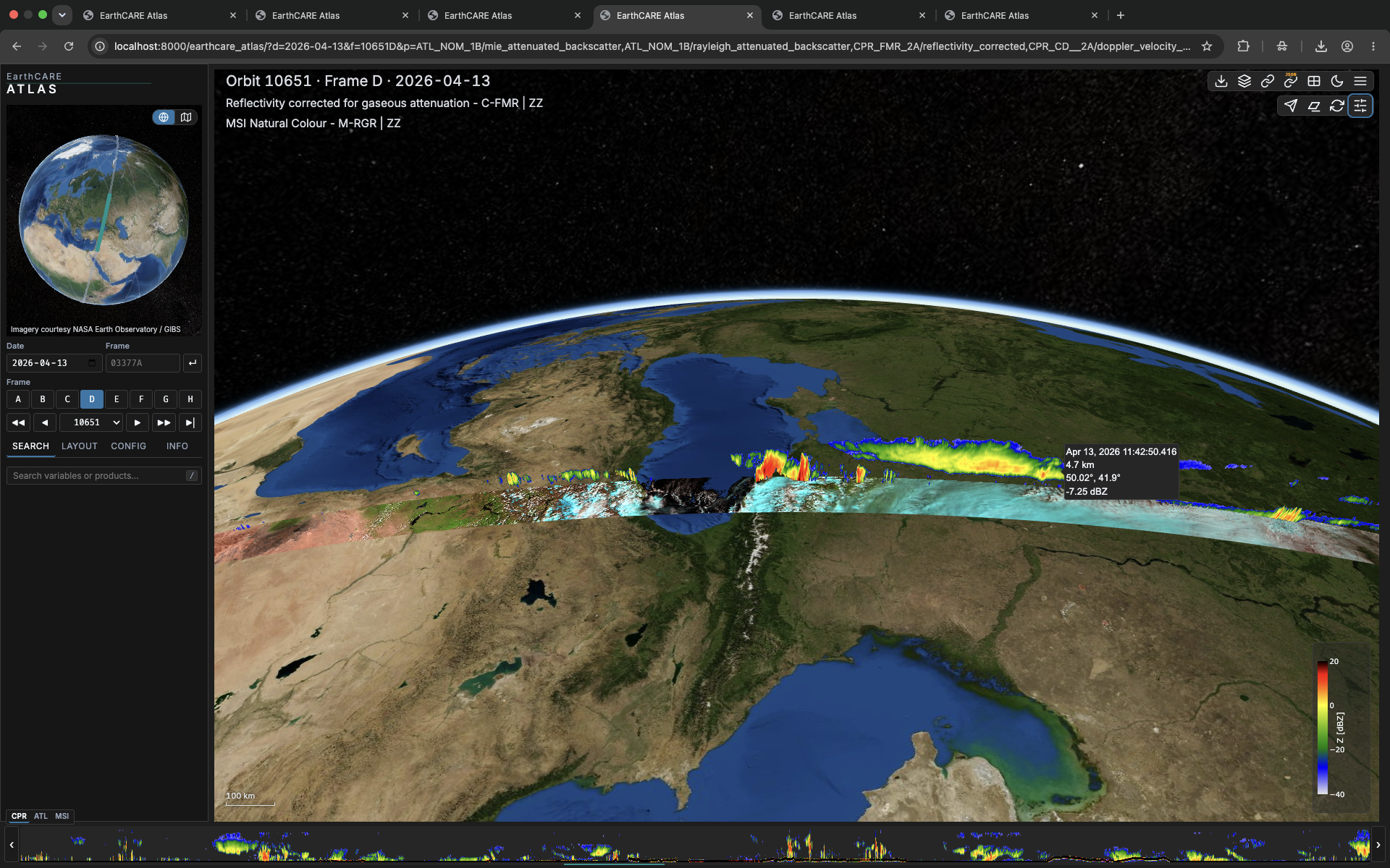 EarthCARE ATLAS 3D mode: a curtain of atmospheric data draped along the orbit over a 3D globe