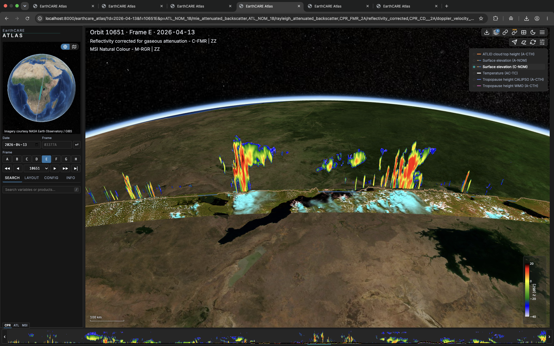 Deep convective system seen in a radar reflectivity curtain