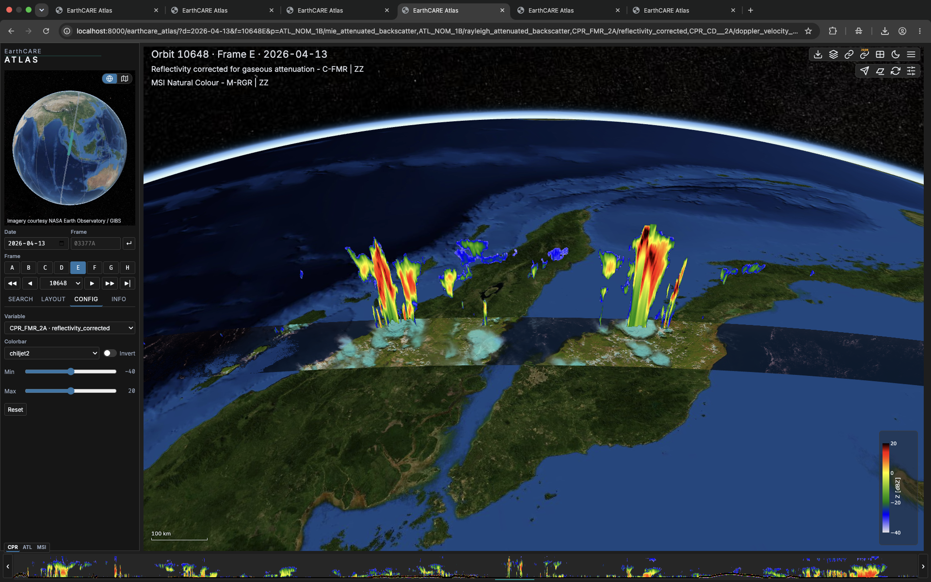 Convective towers and anvil outflow in radar and lidar curtains