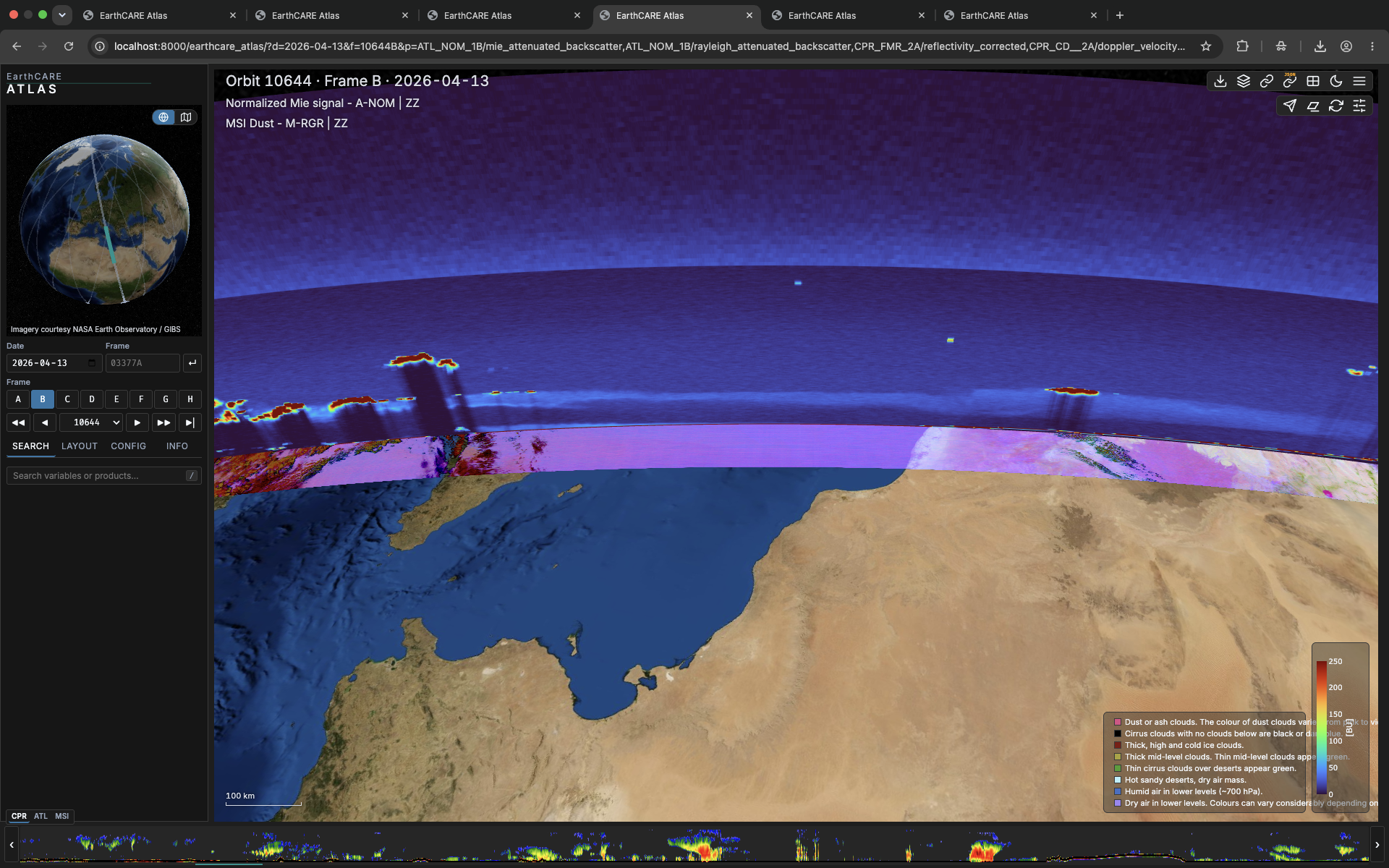 Elevated dust layers in an ATLID lidar backscatter curtain
