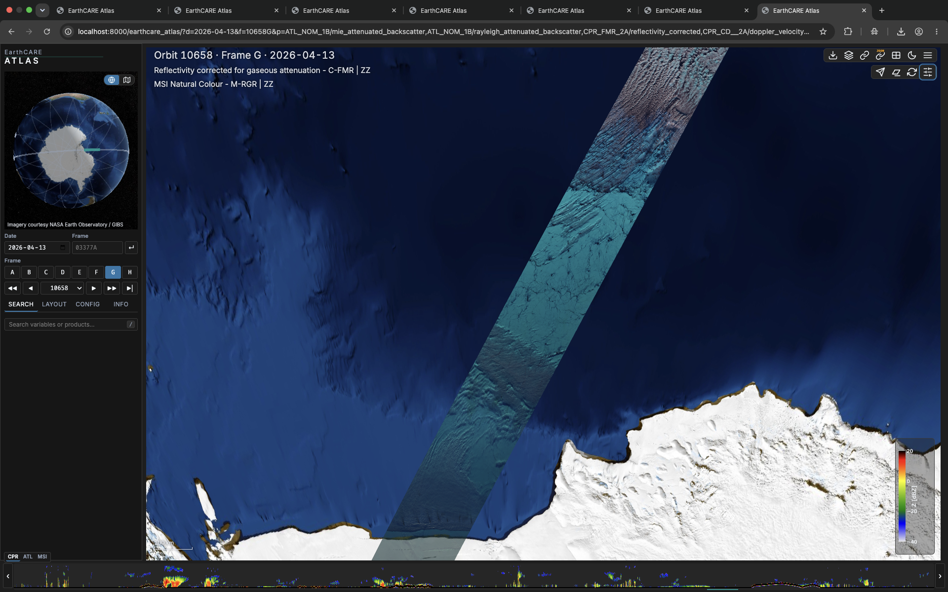 Polar orbit over sea ice with radar and lidar curtains